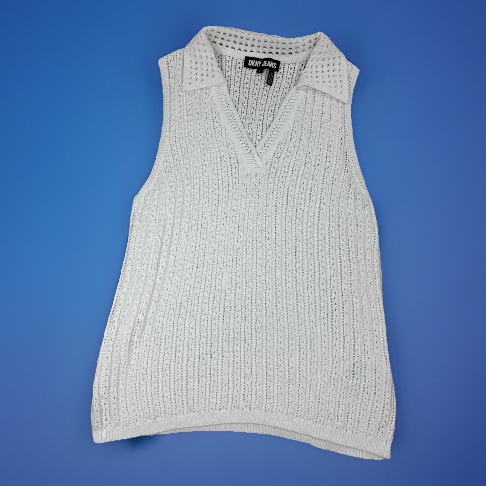 DKNY Jeans Top Womens XL White Open Knit Sleeveless Cotton Linen Sweater Shirt